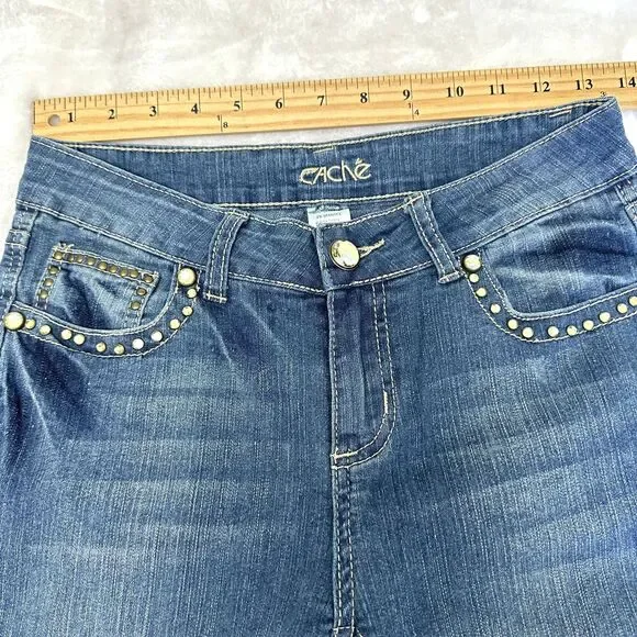 Cache Bootcut Jeans Women’s Blue Denim Stretch Rhinestones Embroidered Sz 2 - Picture 11 of 16